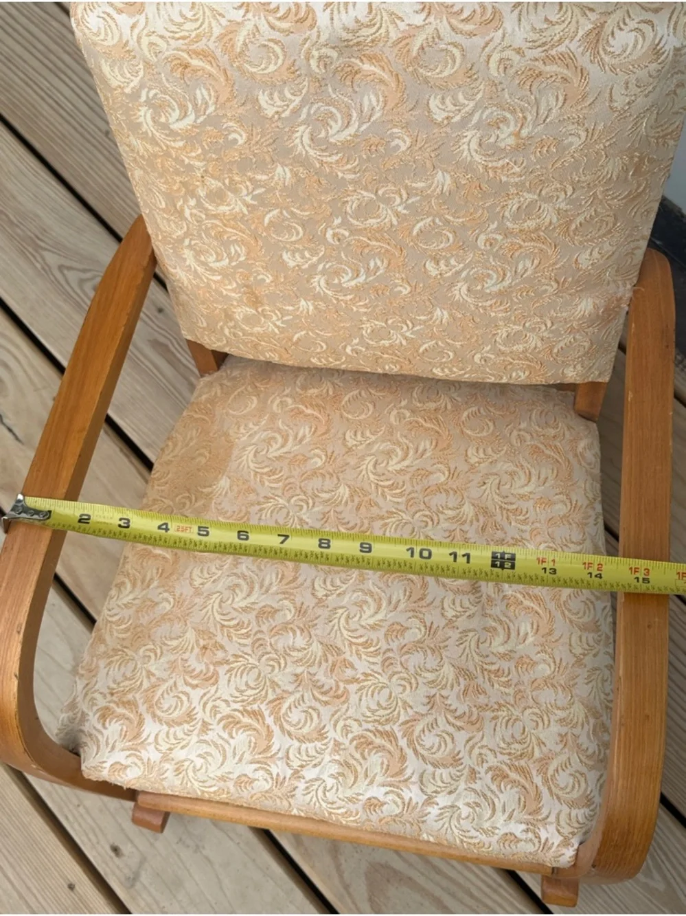 Children’s Vtg Handmade Rocking Chair in Cream Swirl Fabric 23”x23”x16”